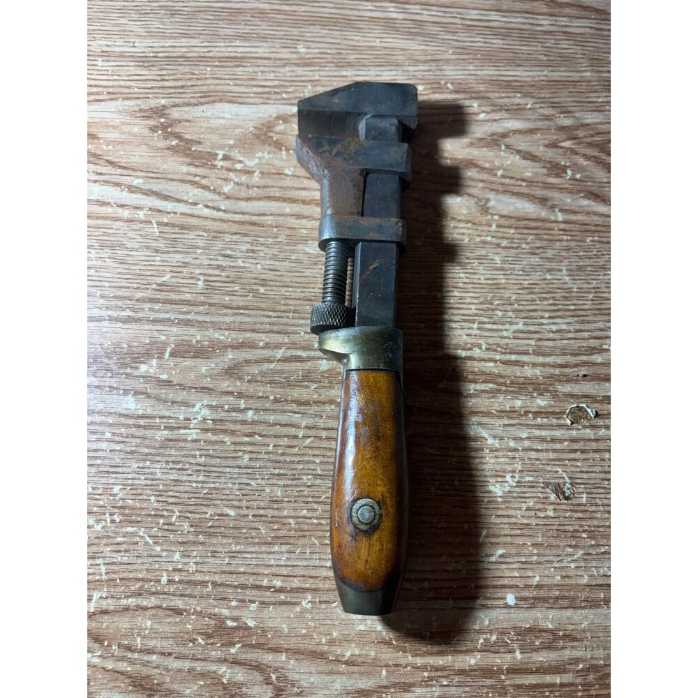 Antique Coes Adjustable Monkey Wrench Worcester Mass USA 8” Wood Handle
